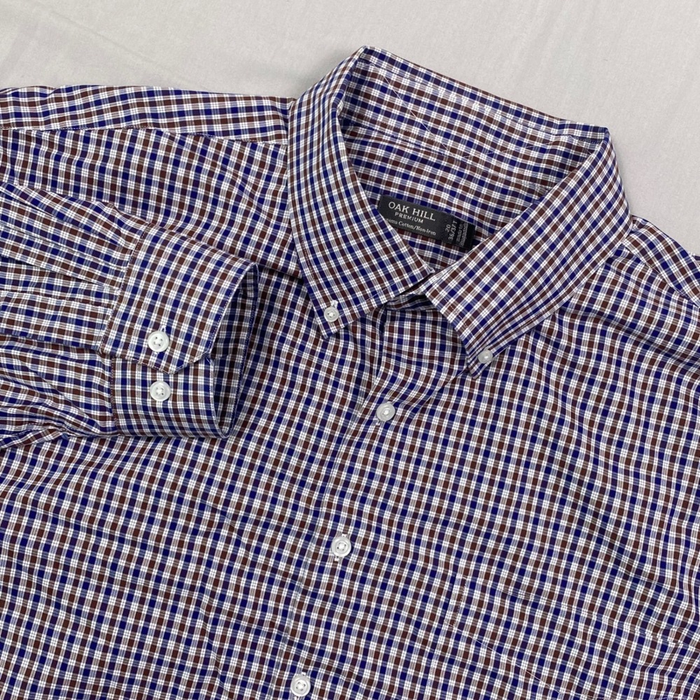 Oak Hill Premium Button Down Shirt Mens 20 36/37T Blue Brown Plaid Easy Stretch